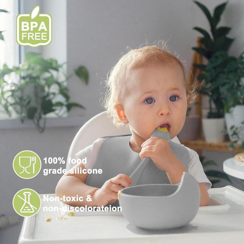 Munlinder Silicone Baby Feeding Set | Baby Led Weaning Supplies Includes Suction Bowls and Divided Plates, Adjustable Bib, Baby Utensils Spoons and Forks,Cup | Baby Feeding Essentials (Grey) - Image 3